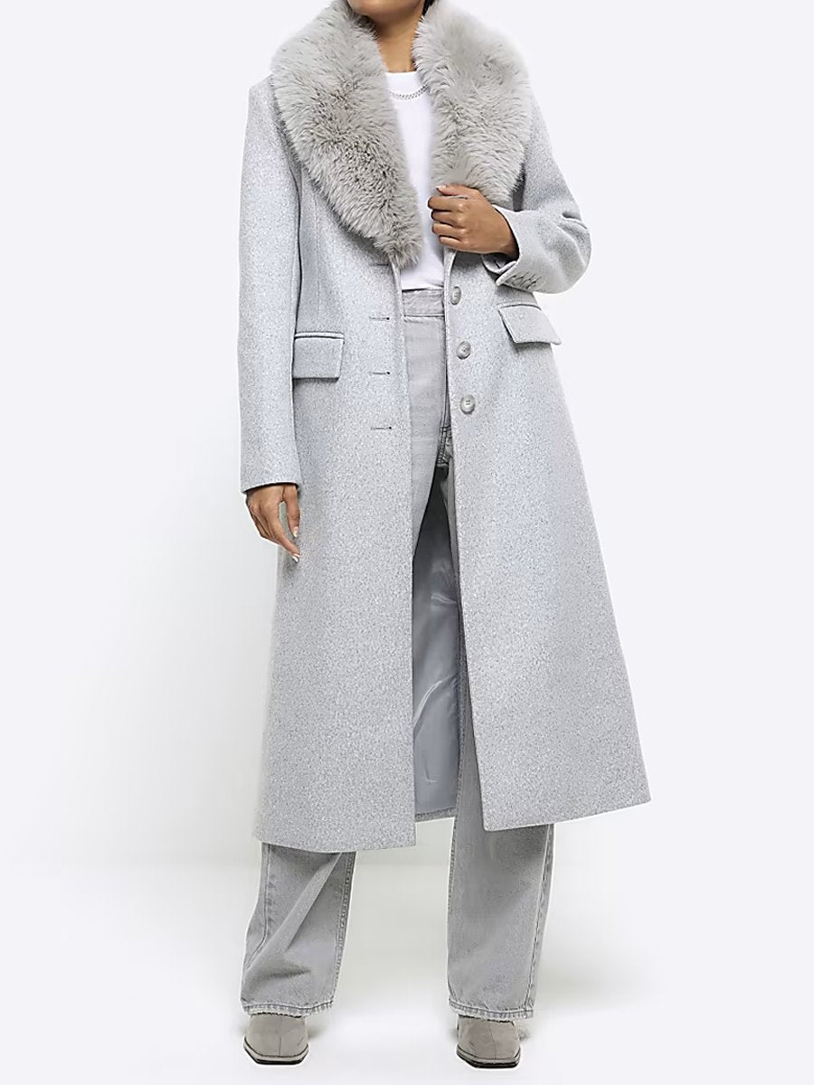 Gray Faux Fur Collar Longline Coat Removable Usualook 0199