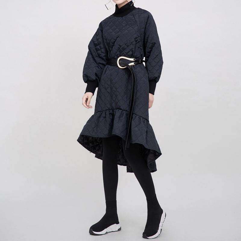Black Cotton-padded Ruffles Dress Autumn Winter Dress