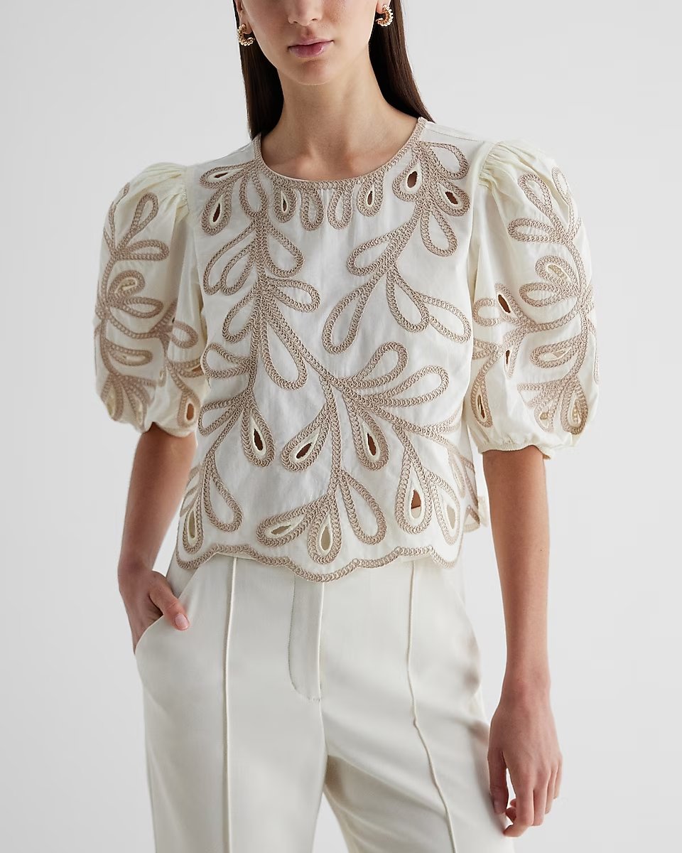 Eyelet Crew Neck Puff Sleeve Top