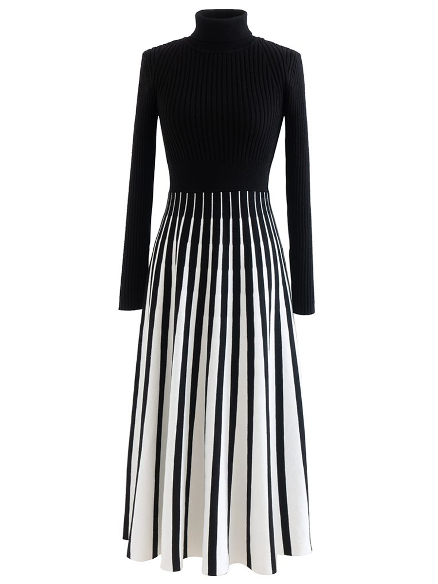 Turtleneck Knit Patchwork Stripe Print  Midi Dress