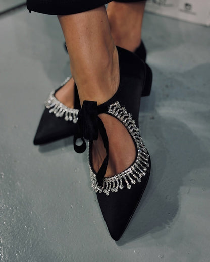 Silver Diamond Tassel Black Flats