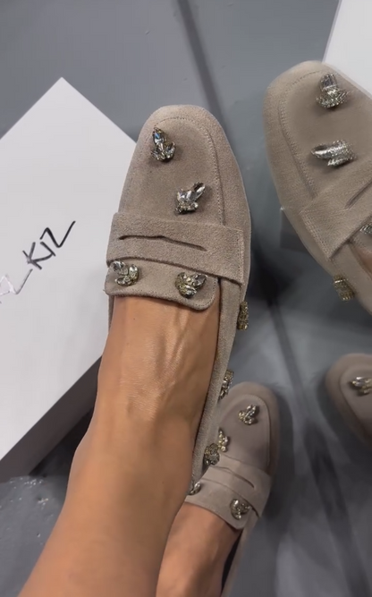 Diamond embellished khaki loafers