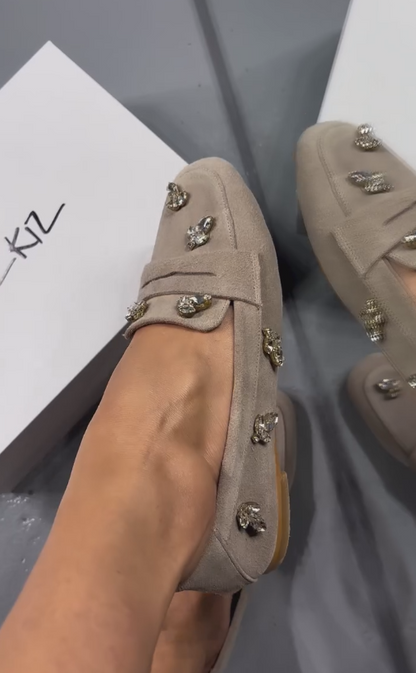 Diamond embellished khaki loafers