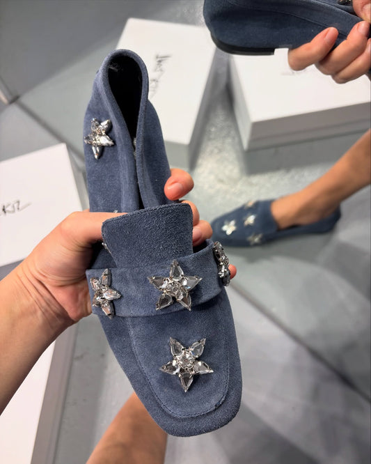 Snowflake diamond inlaid blue loafers