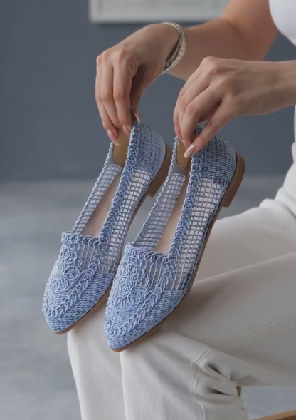 Blue Cotton Woven Embroidered Loafers