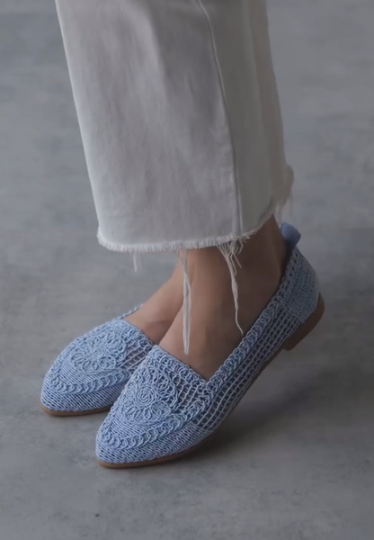 Blue Cotton Woven Embroidered Loafers