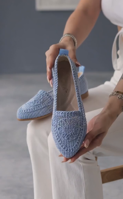 Blue Cotton Woven Embroidered Loafers