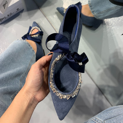 Blue diamond trimmed pointed toe flats