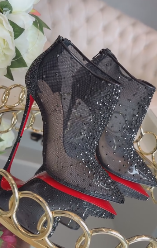 Diamond-encrusted transparent lace ankle boots