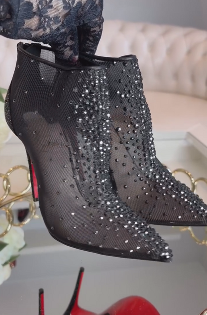 Diamond-encrusted transparent lace ankle boots