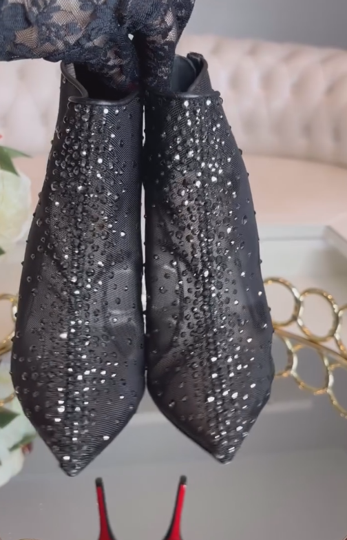 Diamond-encrusted transparent lace ankle boots