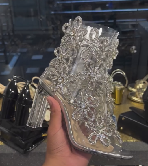 Sequined flower transparent high-heeled ankle boots