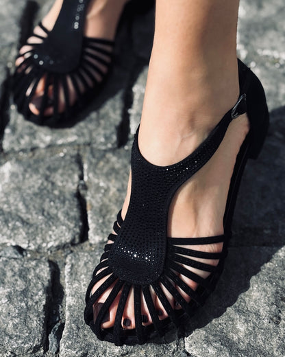 Breathable Woven Black Diamond Embellished Flat Sandals