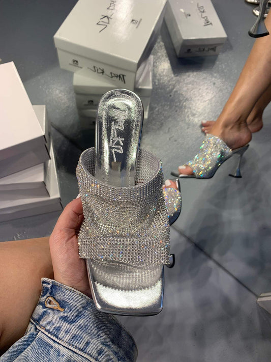 sequined silver high heel sandals