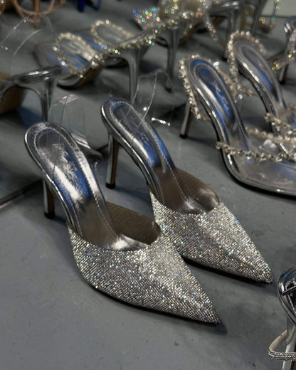 Silver sequined transparent strappy high heels