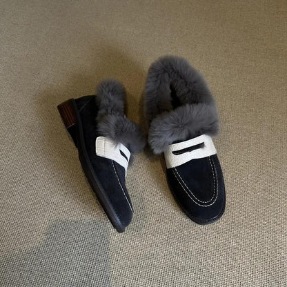 Suede Cowhide Round Toe Flat Winter Furry Shoes