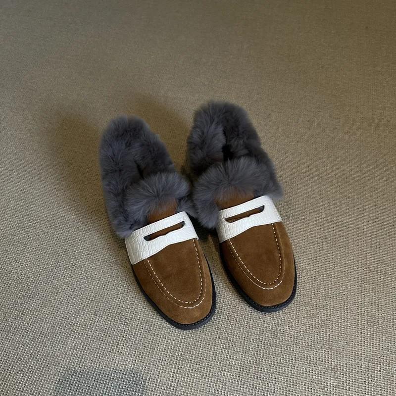 Suede Cowhide Round Toe Flat Winter Furry Shoes