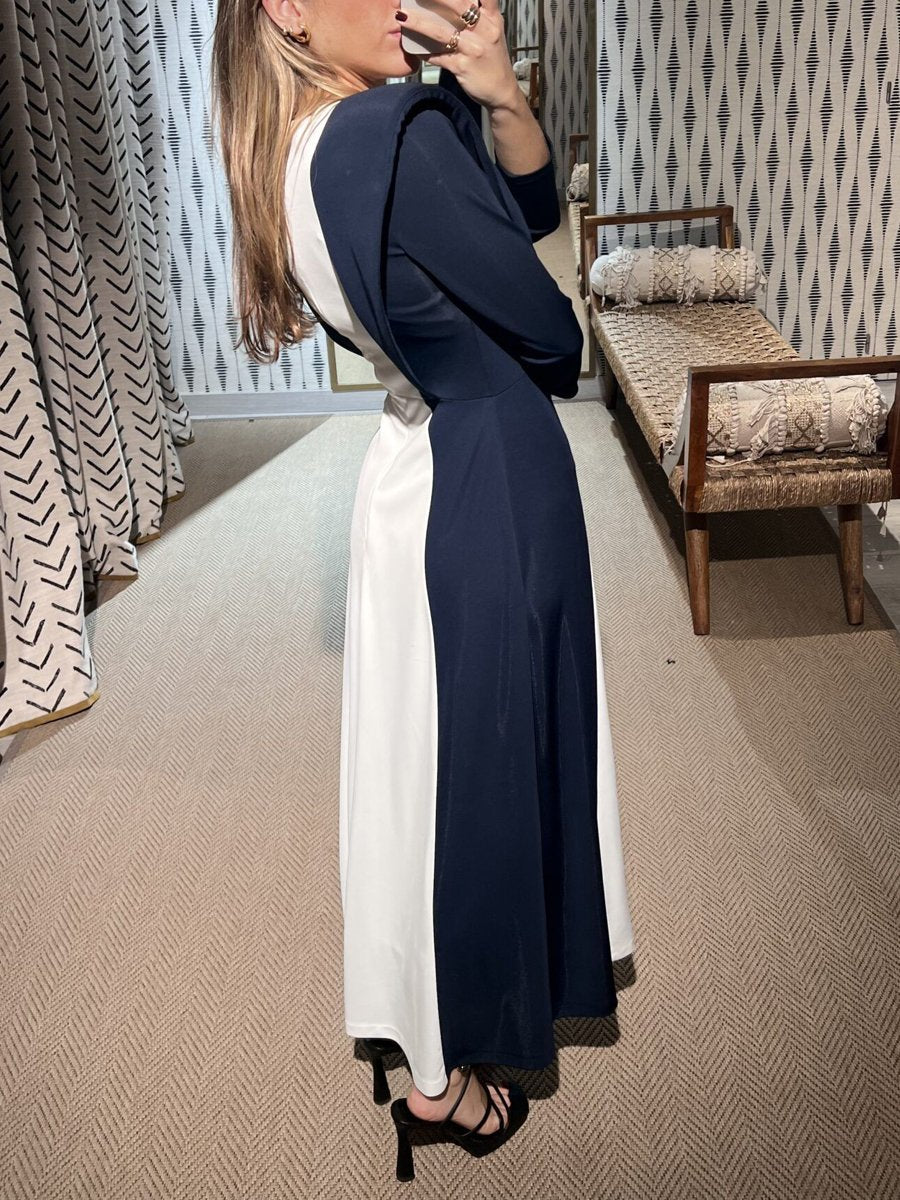 Colorblocked Slim Fit Shoulder Padded Maxi Dress