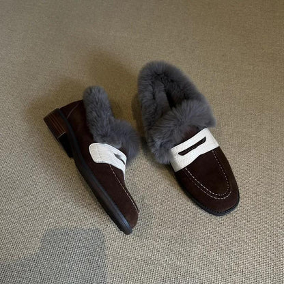 Suede Cowhide Round Toe Flat Winter Furry Shoes