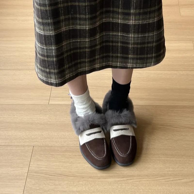 Suede Cowhide Round Toe Flat Winter Furry Shoes