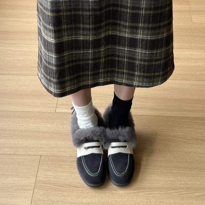 Suede Cowhide Round Toe Flat Winter Furry Shoes