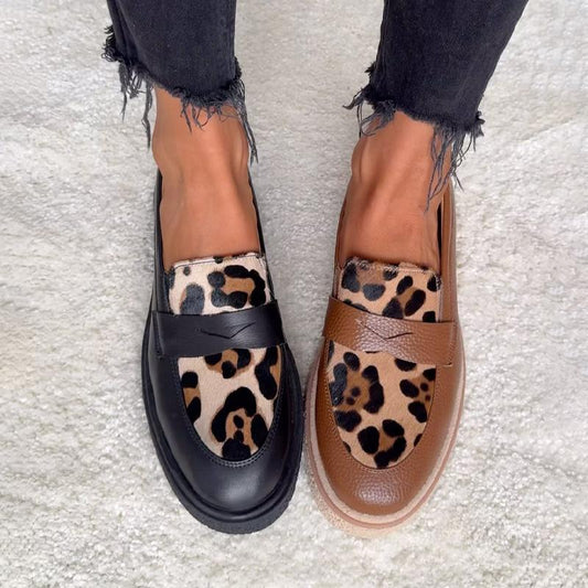 Leopard Print Leather Patchwork Women's Loafers