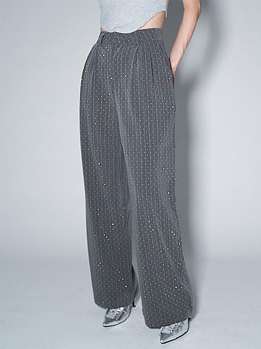 Striped Rhinestone Loose Straight Leg Pants