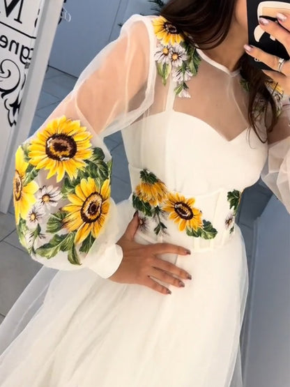 Sunflower Embroidered Tulle Maxi Dress