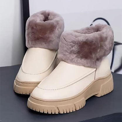 Women's Cream Leather Plush Short Snow Boots