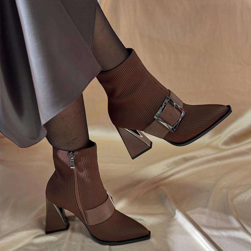 Leather Buckle Stretch Suede Chunky Heel Women's Boots