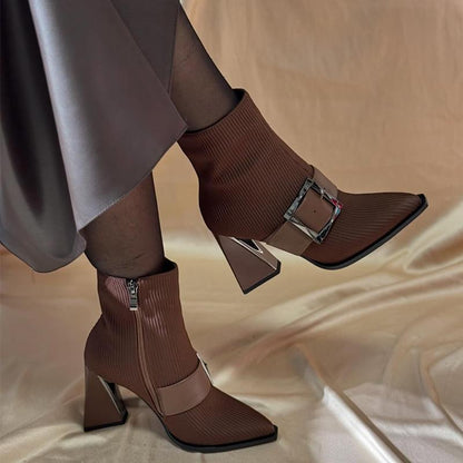 Leather Buckle Stretch Suede Chunky Heel Women's Boots