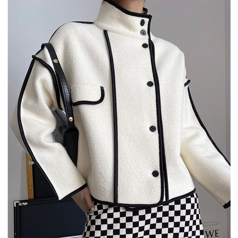 Color-Clash Standing-Collar Tweed Jacket