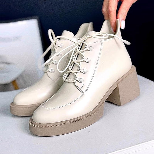 Women's Ivory Leather Lace-Up Boots