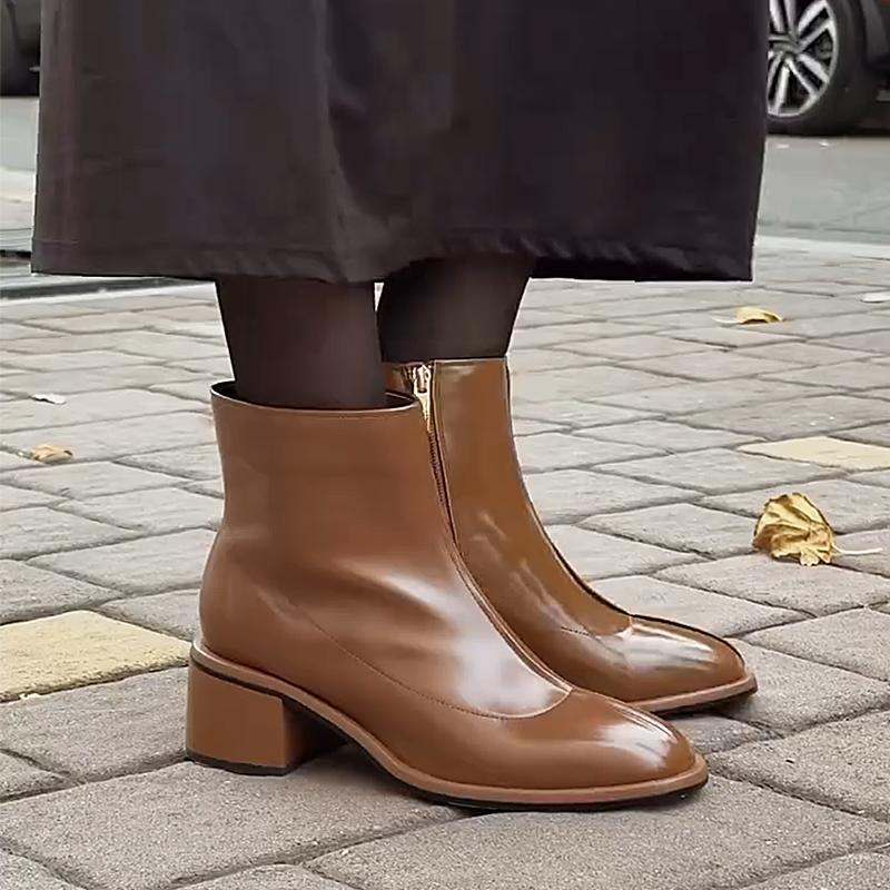 Brown Leather Women's Chunky Heel Ankle Boots