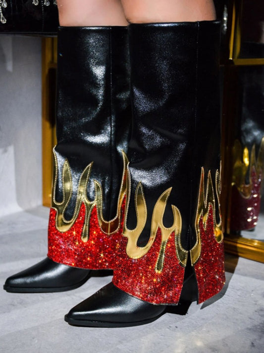 Flaming Rhinestone Foldover Women's Boots