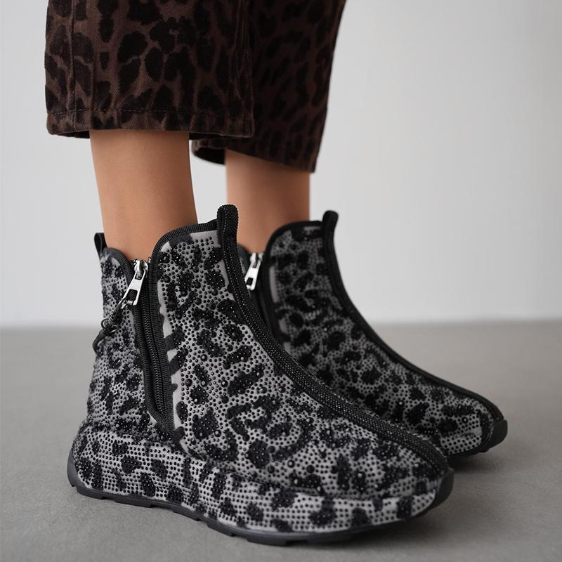 Women's Leopard Print Rhinestone Warm Casual Boots