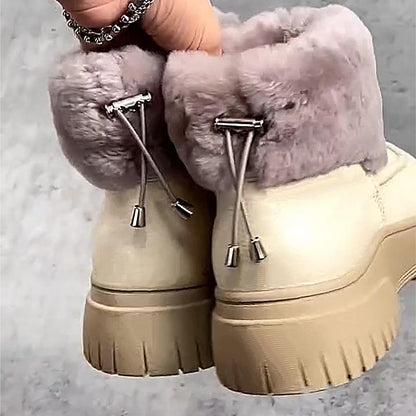 Women's Cream Leather Plush Short Snow Boots