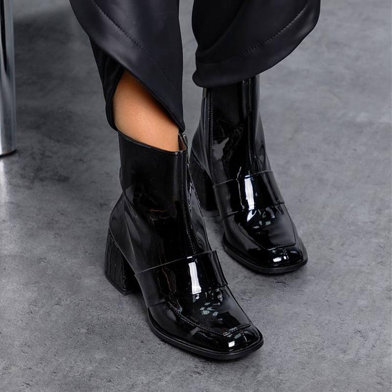 Black Patent Leather Square Toe Women's Boots