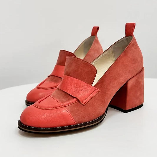 Women's Red Patchwork Suede Thick Heeled Loafers