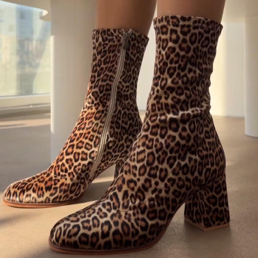 Women's Leopard Print High Heel Elastic Boots