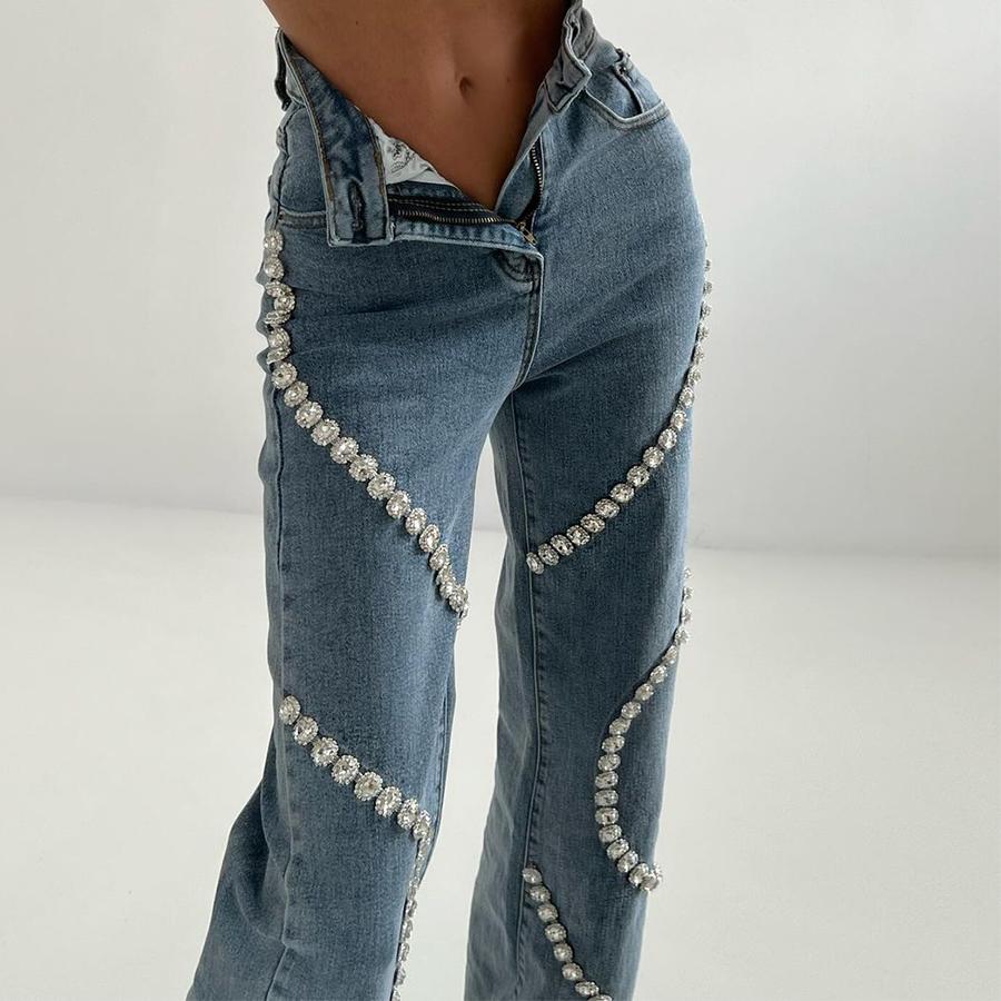 Wrap Around Rhinestone Relaxed Straight Jeans