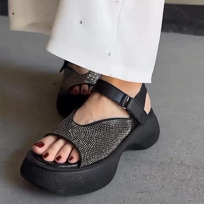 Women's Leather Rhinestone Thick Soft Bottom Sandals
