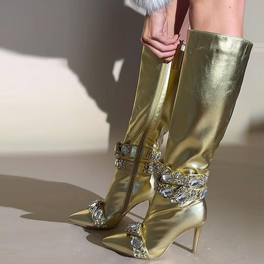 Gold Leather Rhinestone Flower Embellished Knee Boots