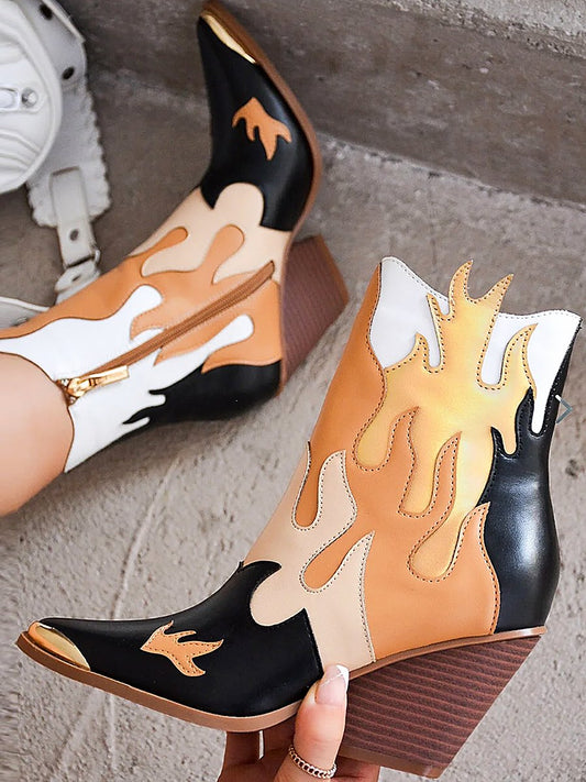 Leather Patchwork Women's Flame Ankle Boots