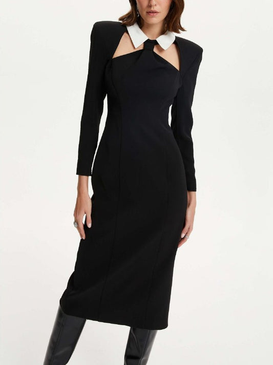 Waistband Tie Collar Midi Dress