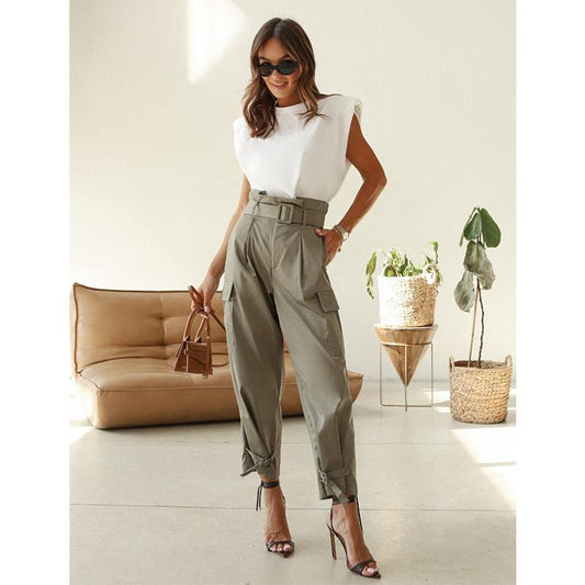 Women's Matching Belt Work Pants Casual Straight Leg Pants