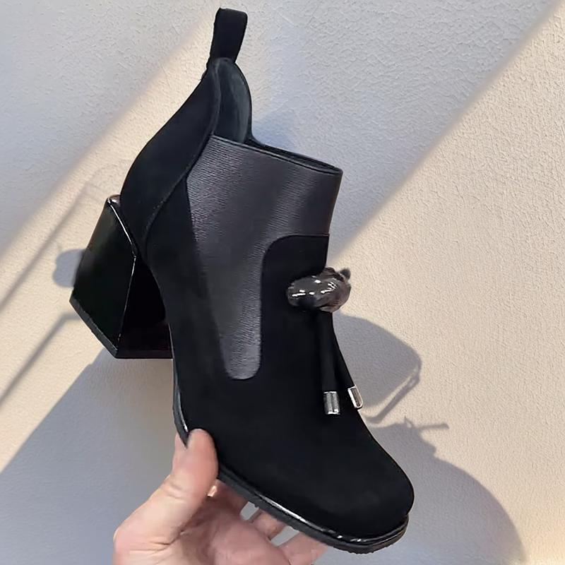 Women's Black Suede Chunky Heel Ankle Boots