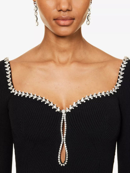 Diamante-embellished Ribbed-texture Knitted Mini Dress