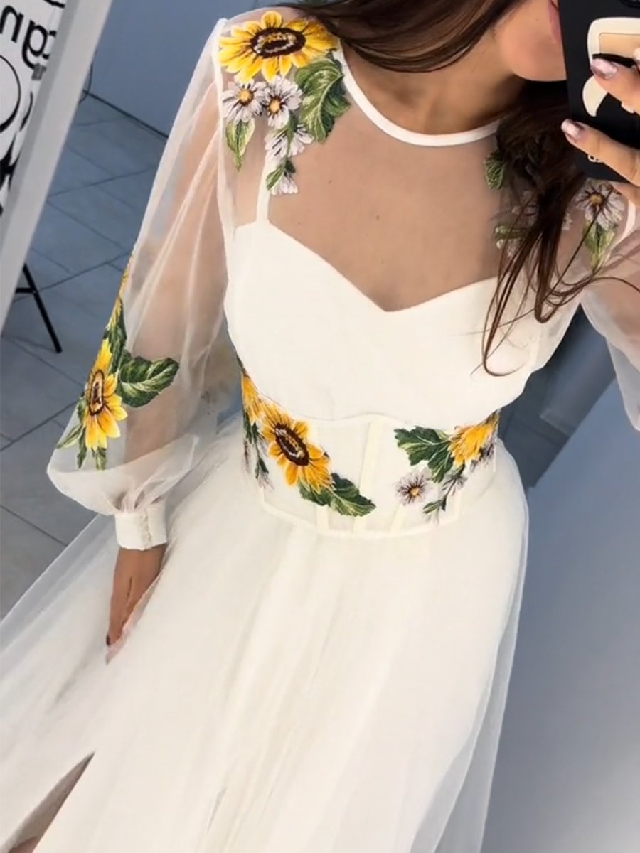 Sunflower Embroidered Tulle Maxi Dress