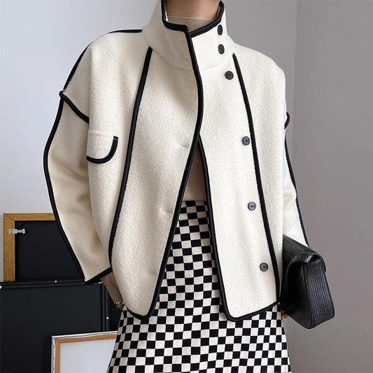 Color-Clash Standing-Collar Tweed Jacket